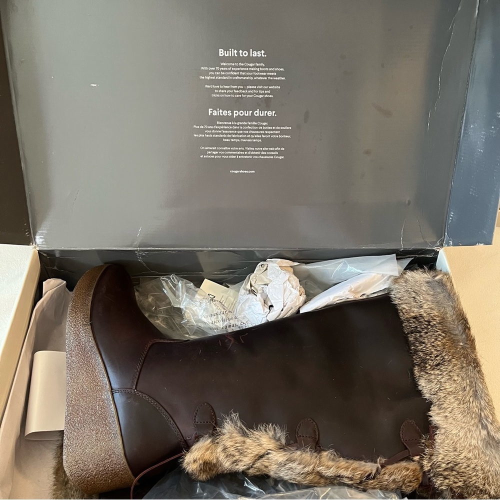 Cougar Brown Rabbit Fur-Trimmed Knee-High Leather Laced Boots - Picture 9 of 14